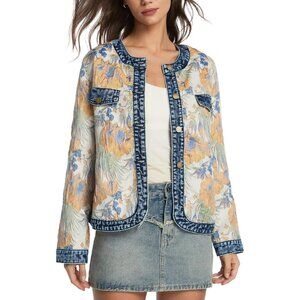 Womens YellowKedera Floral Denim Jacket Long Sleeve Jacquard Cropped Casual Coat